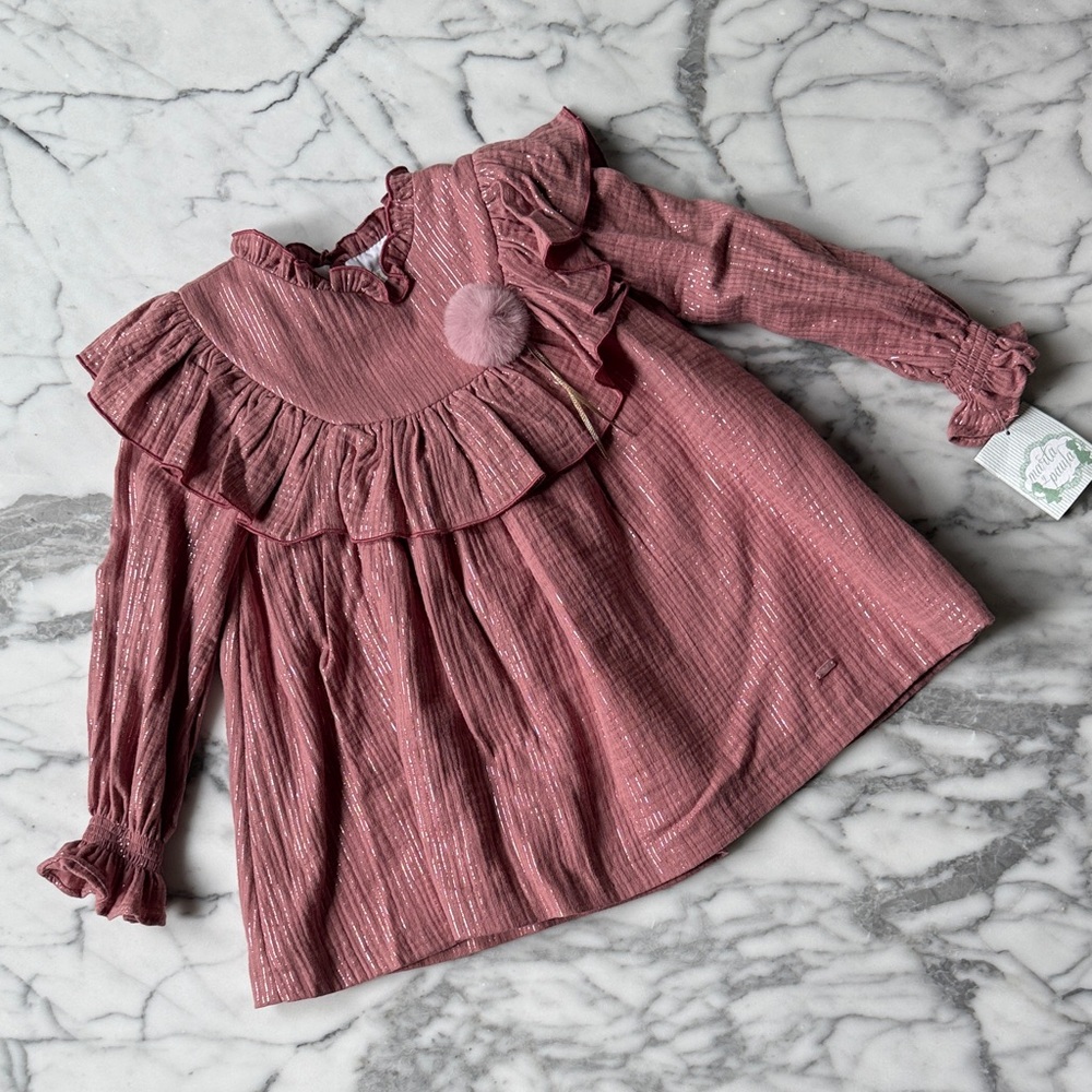 Girls' Dusty Rose Ruffle Dress with Pom Pom by Marta y Paula Size 5 NWT